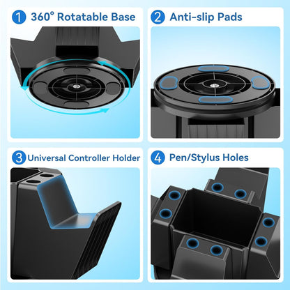 Controller Organizer for Desktop - 360°Rotatable Controller Holder with Storage Box - Universal Stand for 4 Controllers, Desk Organizer for Switch Remote Control Pen Gamer Accessories