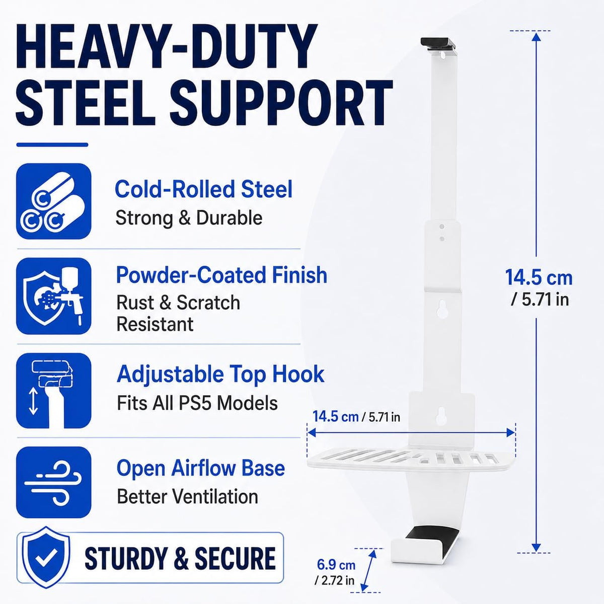 Heavy-Duty Steel Wall Mount Kit Compatible with PS5 Slim, Pro and Original | Secure Eva-Padded Support, Complete Install Kit, Easy Setup, Open Airflow, Holders for 2 Controllers and Headset