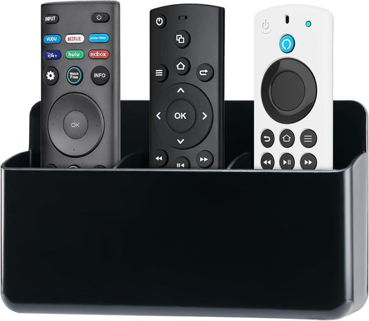 3 Slot Adjustable Remote Holder Wall Mount, TV Controller Holder Hollow Bottom Slot Easy Phone Charging, Adhesive Remote Control Holder, Wall Pen Holder for Office School Home (Black)