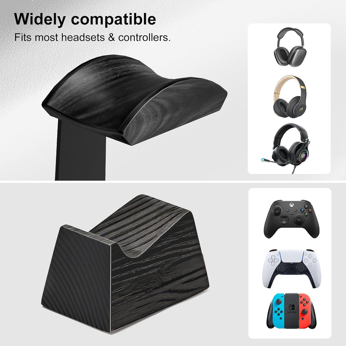 Headphone and Headset Stand with Controller Holders Gamer Gifts | Solid Wood, Holds 2 Controllers, Storage Tray for Gaming Room Decor, Compatible with PS5 and Xbox