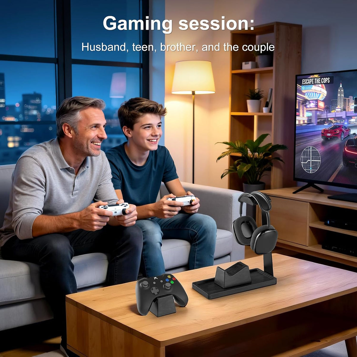 Headphone and Headset Stand with Controller Holders Gamer Gifts | Solid Wood, Holds 2 Controllers, Storage Tray for Gaming Room Decor, Compatible with PS5 and Xbox