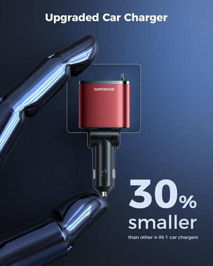 6 in 1 Retractable Car Charger,  Smaller Fast Car Phone Charger | [Upgraded] USB C and Iphone Car Charger Adapter with Cord, Compatible Iphone 17/17 Pro Max/16/15/14/13/12/11, Sumsung