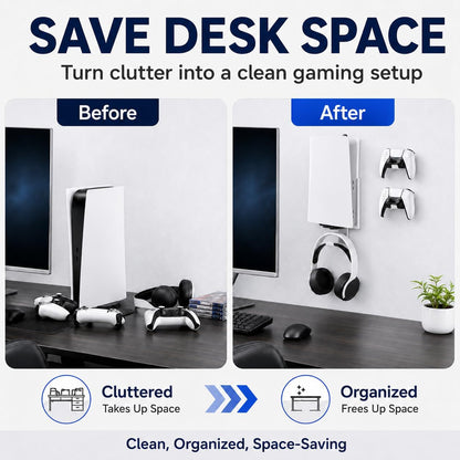Heavy-Duty Steel Wall Mount Kit Compatible with PS5 Slim, Pro and Original | Secure Eva-Padded Support, Complete Install Kit, Easy Setup, Open Airflow, Holders for 2 Controllers and Headset