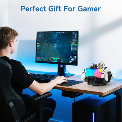 Controller Organizer for Desktop - 360°Rotatable Controller Holder with Storage Box - Universal Stand for 4 Controllers, Desk Organizer for Switch Remote Control Pen Gamer Accessories
