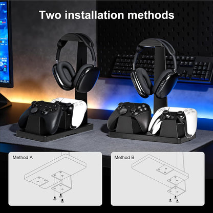 Headphone and Headset Stand with Controller Holders Gamer Gifts | Solid Wood, Holds 2 Controllers, Storage Tray for Gaming Room Decor, Compatible with PS5 and Xbox