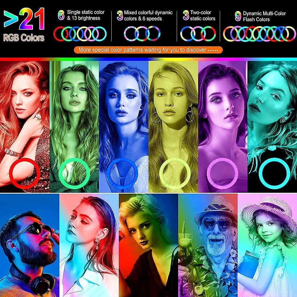 13-Inch RGB Selfie Ring Light with Tripod Stand and Phone Holder - 26 Modes, 10 Brightness Levels, 120 Dimmable LED Bulbs for Live Streaming, Makeup, YouTube Videos, and Photography