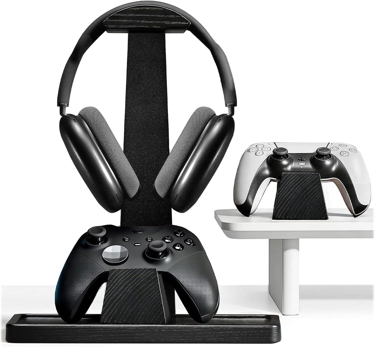 Headphone and Headset Stand with Controller Holders Gamer Gifts | Solid Wood, Holds 2 Controllers, Storage Tray for Gaming Room Decor, Compatible with PS5 and Xbox