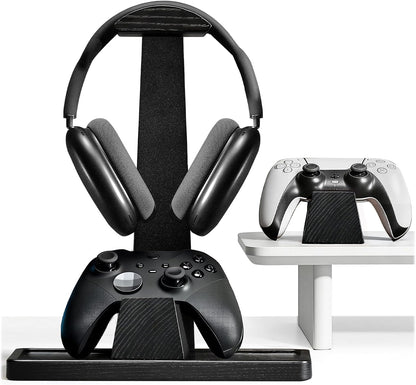 Headphone and Headset Stand with Controller Holders Gamer Gifts | Solid Wood, Holds 2 Controllers, Storage Tray for Gaming Room Decor, Compatible with PS5 and Xbox
