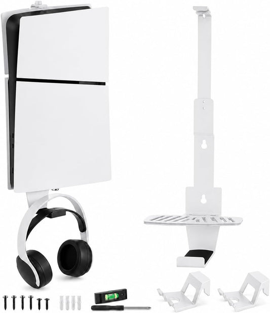 Heavy-Duty Steel Wall Mount Kit Compatible with PS5 Slim, Pro and Original | Secure Eva-Padded Support, Complete Install Kit, Easy Setup, Open Airflow, Holders for 2 Controllers and Headset