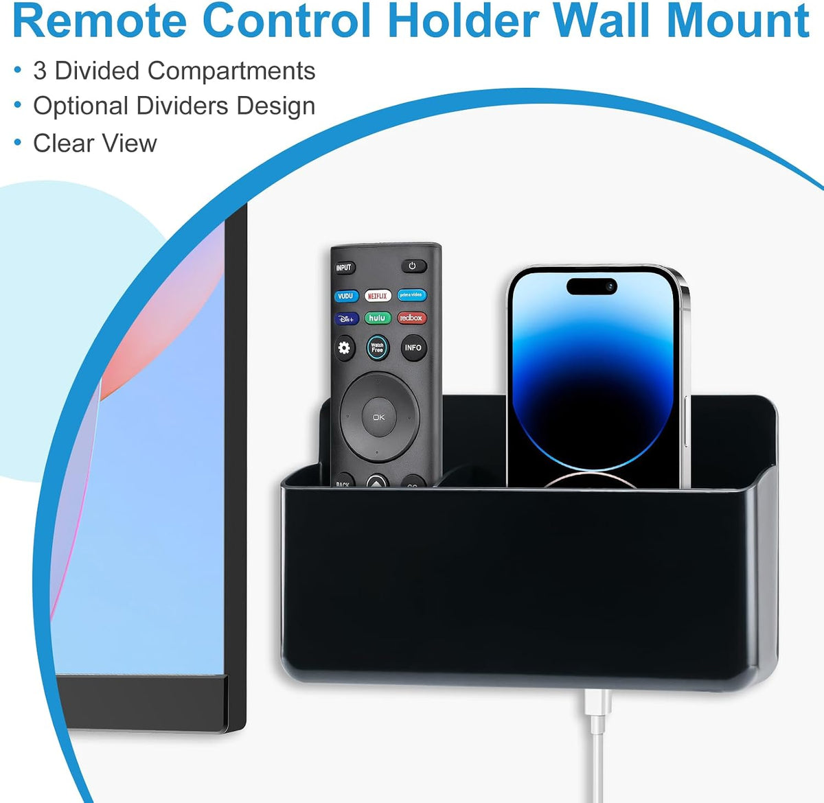 3 Slot Adjustable Remote Holder Wall Mount, TV Controller Holder Hollow Bottom Slot Easy Phone Charging, Adhesive Remote Control Holder, Wall Pen Holder for Office School Home (Black)