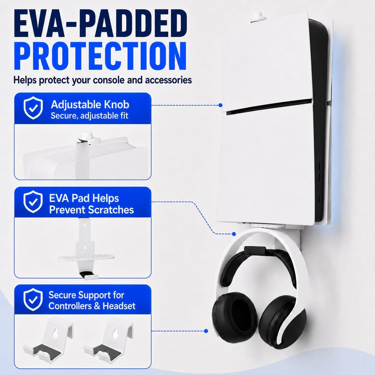 Heavy-Duty Steel Wall Mount Kit Compatible with PS5 Slim, Pro and Original | Secure Eva-Padded Support, Complete Install Kit, Easy Setup, Open Airflow, Holders for 2 Controllers and Headset