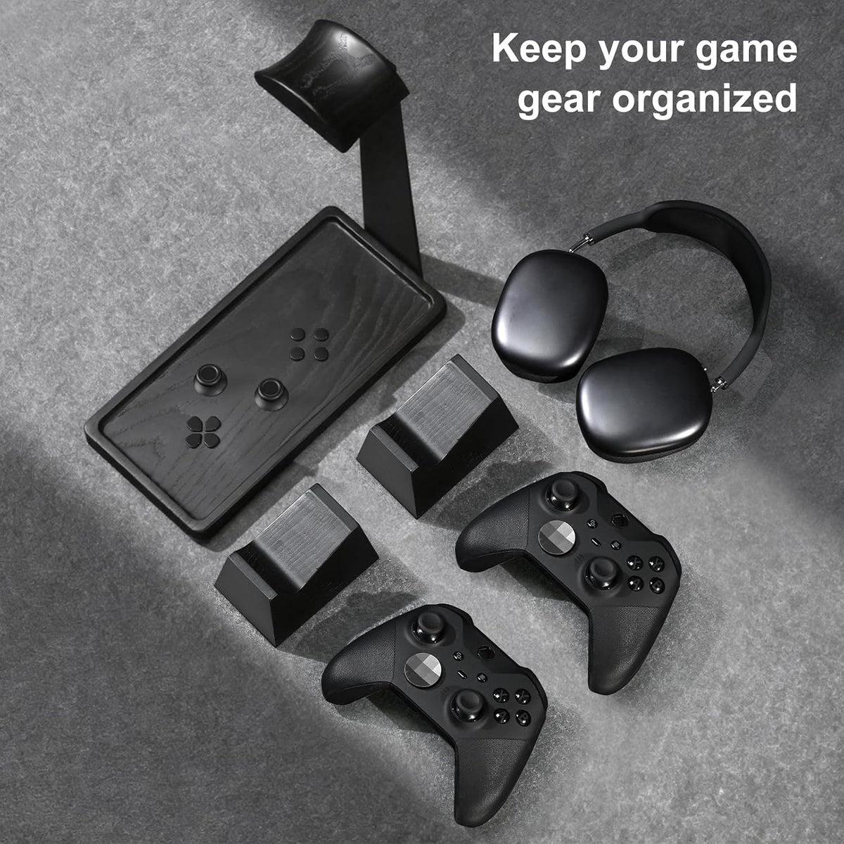 Headphone and Headset Stand with Controller Holders Gamer Gifts | Solid Wood, Holds 2 Controllers, Storage Tray for Gaming Room Decor, Compatible with PS5 and Xbox