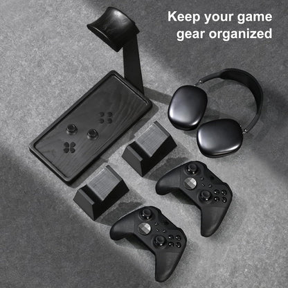 Headphone and Headset Stand with Controller Holders Gamer Gifts | Solid Wood, Holds 2 Controllers, Storage Tray for Gaming Room Decor, Compatible with PS5 and Xbox