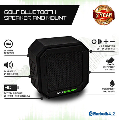 Golf Bluetooth Speaker with Mount, Bluetooth Speaker and Mount with Loud Stereo Sound and Bass Boost, Extended Playtime and Range (V3 Pro - 15 Watts)