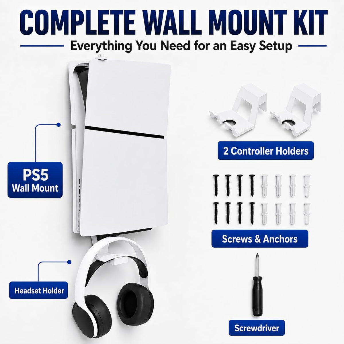 Heavy-Duty Steel Wall Mount Kit Compatible with PS5 Slim, Pro and Original | Secure Eva-Padded Support, Complete Install Kit, Easy Setup, Open Airflow, Holders for 2 Controllers and Headset
