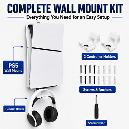 Heavy-Duty Steel Wall Mount Kit Compatible with PS5 Slim, Pro and Original | Secure Eva-Padded Support, Complete Install Kit, Easy Setup, Open Airflow, Holders for 2 Controllers and Headset