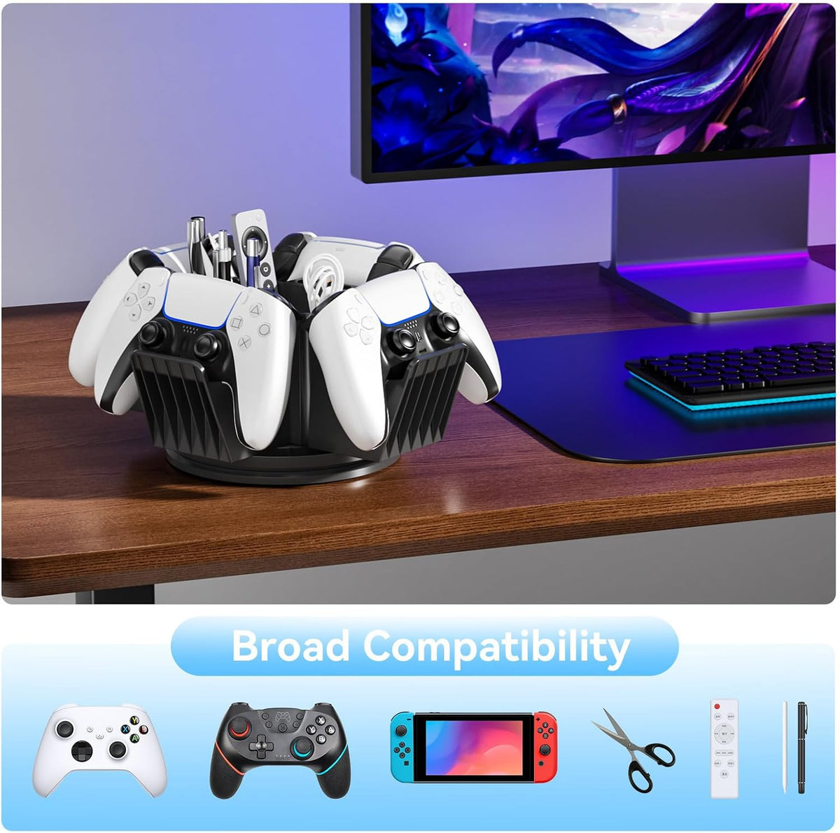 Controller Organizer for Desktop - 360°Rotatable Controller Holder with Storage Box - Universal Stand for 4 Controllers, Desk Organizer for Switch Remote Control Pen Gamer Accessories