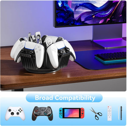 Controller Organizer for Desktop - 360°Rotatable Controller Holder with Storage Box - Universal Stand for 4 Controllers, Desk Organizer for Switch Remote Control Pen Gamer Accessories