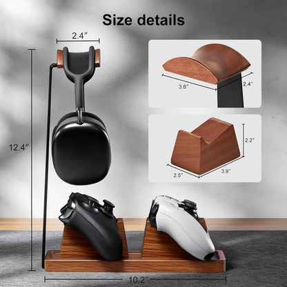 Headphone and Headset Stand with Controller Holders for Gaming Desk | Solid Wood, Holds 2 Controllers, Storage Tray for Gaming Accessories, Compatible with PS5 and Xbox