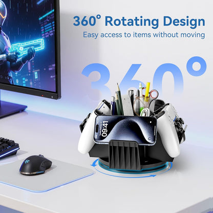 Controller Organizer for Desktop - 360°Rotatable Controller Holder with Storage Box - Universal Stand for 4 Controllers, Desk Organizer for Switch Remote Control Pen Gamer Accessories