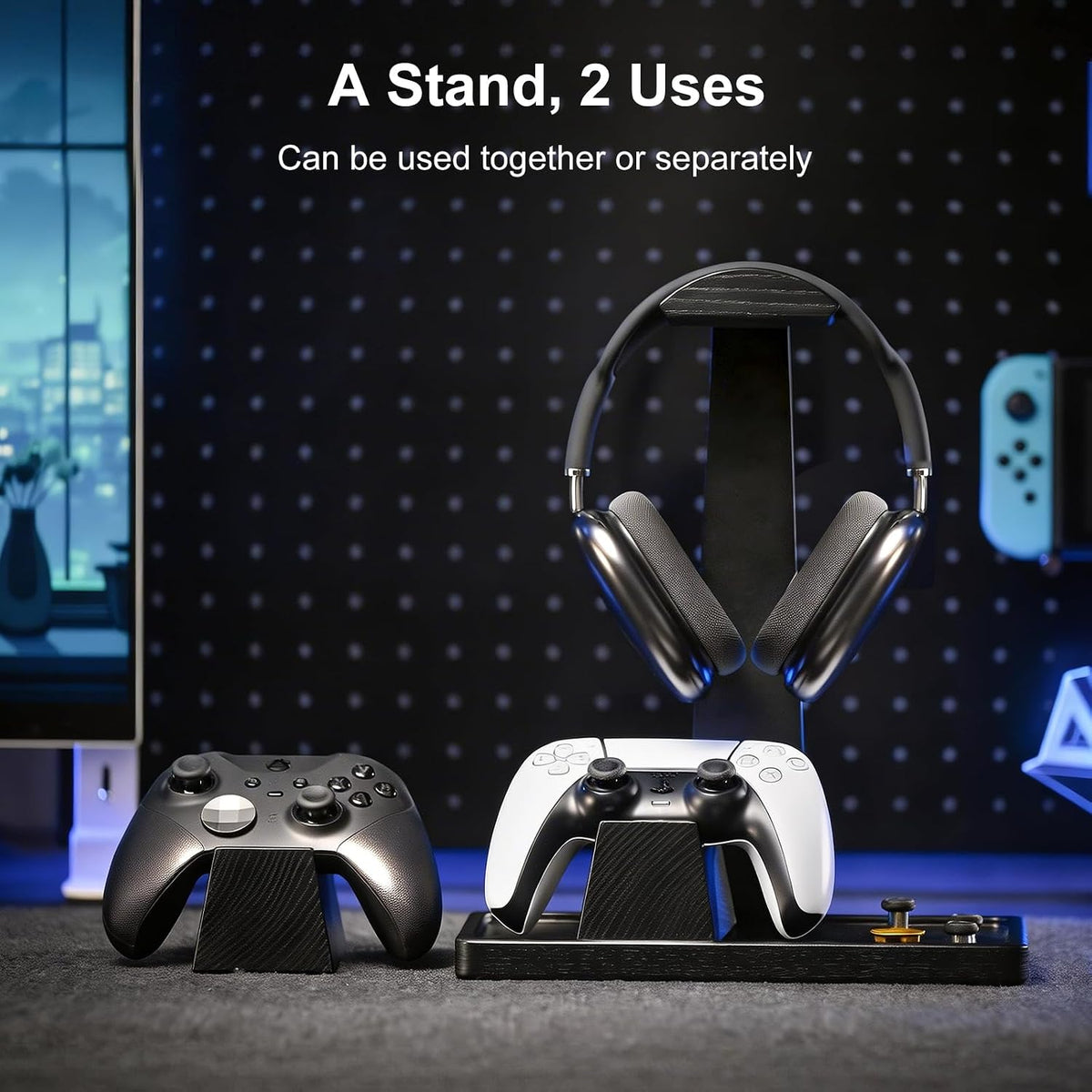 Headphone and Headset Stand with Controller Holders Gamer Gifts | Solid Wood, Holds 2 Controllers, Storage Tray for Gaming Room Decor, Compatible with PS5 and Xbox