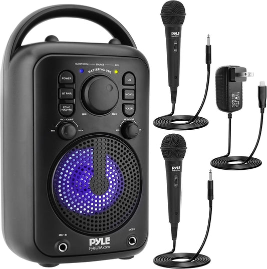 4” Wireless BT Streaming Speaker - Portable Audio Speaker, with Two Microphones and Stand to Put Mobile Phone, 5.0 Bluetooth, Big Bass & Clear Sound, MP3, Classic Karaoke System
