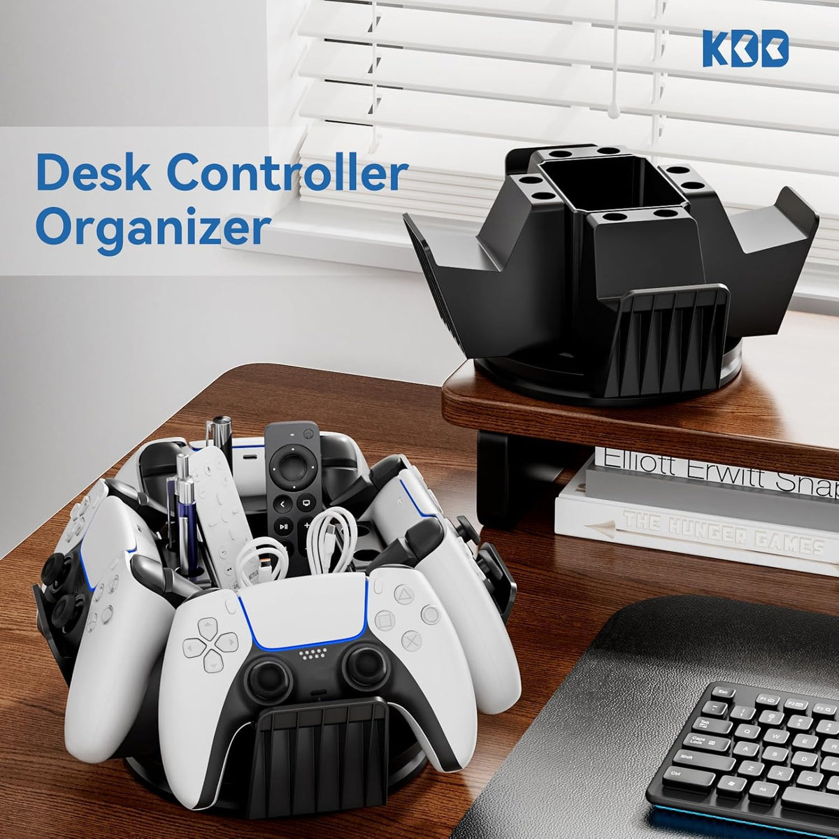 Controller Organizer for Desktop - 360°Rotatable Controller Holder with Storage Box - Universal Stand for 4 Controllers, Desk Organizer for Switch Remote Control Pen Gamer Accessories