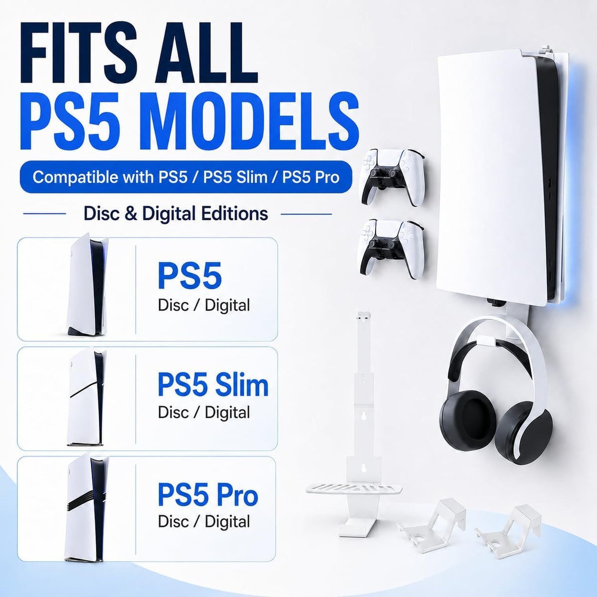 Heavy-Duty Steel Wall Mount Kit Compatible with PS5 Slim, Pro and Original | Secure Eva-Padded Support, Complete Install Kit, Easy Setup, Open Airflow, Holders for 2 Controllers and Headset