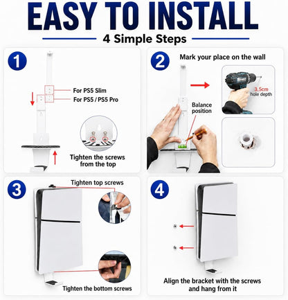 Heavy-Duty Steel Wall Mount Kit Compatible with PS5 Slim, Pro and Original | Secure Eva-Padded Support, Complete Install Kit, Easy Setup, Open Airflow, Holders for 2 Controllers and Headset