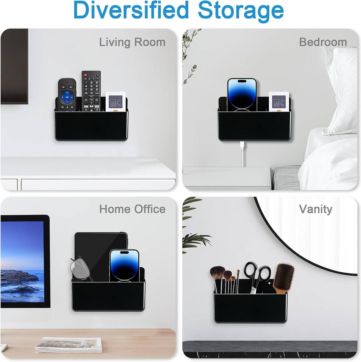 3 Slot Adjustable Remote Holder Wall Mount, TV Controller Holder Hollow Bottom Slot Easy Phone Charging, Adhesive Remote Control Holder, Wall Pen Holder for Office School Home (Black)