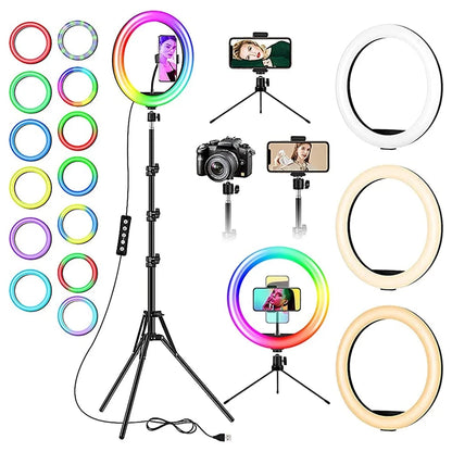 13-Inch RGB Selfie Ring Light with Tripod Stand and Phone Holder - 26 Modes, 10 Brightness Levels, 120 Dimmable LED Bulbs for Live Streaming, Makeup, YouTube Videos, and Photography