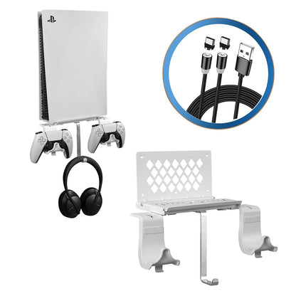 PS5 Wall Mount, PS5 Wall Mount Kit with 2 Detachable Controller Holder and Headphone Mount, Solid Metal with Accessories Easy Installation,White