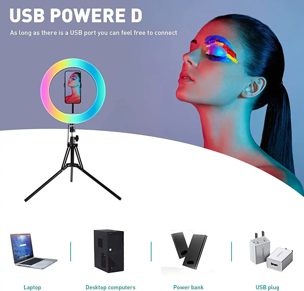 13-Inch RGB Selfie Ring Light with Tripod Stand and Phone Holder - 26 Modes, 10 Brightness Levels, 120 Dimmable LED Bulbs for Live Streaming, Makeup, YouTube Videos, and Photography