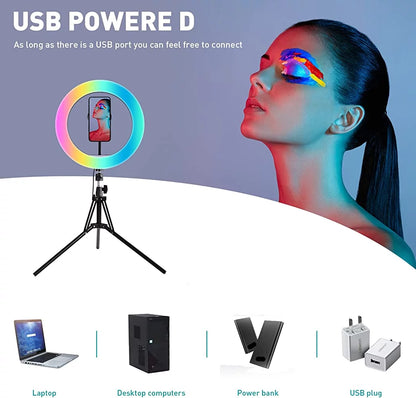 13-Inch RGB Selfie Ring Light with Tripod Stand and Phone Holder - 26 Modes, 10 Brightness Levels, 120 Dimmable LED Bulbs for Live Streaming, Makeup, YouTube Videos, and Photography